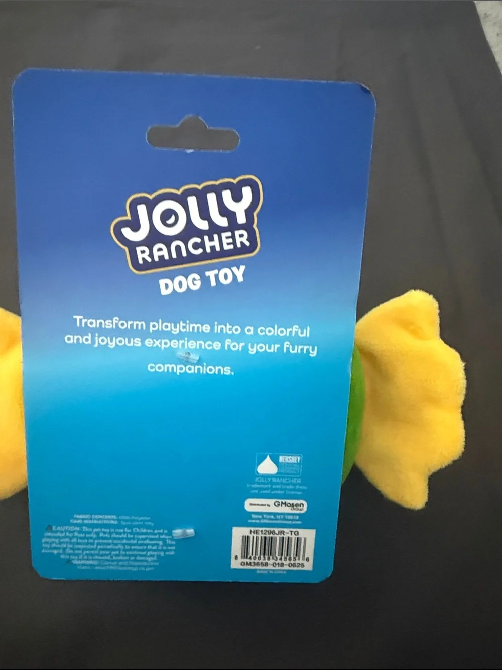 Jolly rancher plush dog toy, squeaker inside